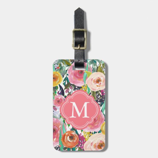 Romantic Garden Waterverf Flowers Monogram Bagagelabel (Voorkant verticaal)