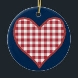 Romantic Gingham Hearts en Red Rose Ornament<br><div class="desc">Een romantisch keramisch Ornament, met een Rood en Wit Check Gingham Heart aan de ene kant en een Rood Rozen, geschetst in Wit aan de andere kant; beide bevinden zich op een Diep Blauwe achtergrond die je kunt veranderen als je dat wilt. Deel van het collectie van Posh & Painterly...</div>