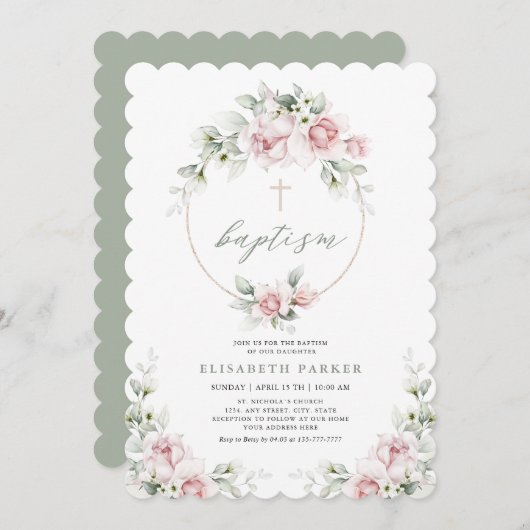 Romantic Girl Baptism Floral Pink Uitnodiging (Voorkant / Achterkant)
