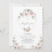 Romantic Girl Baptism Floral Pink Uitnodiging (Voorkant)