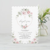 Romantic Girl Baptism Floral Pink Uitnodiging (Staand voorkant)