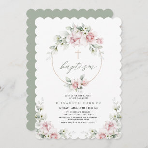 Romantic Girl Baptism Floral Pink Uitnodiging