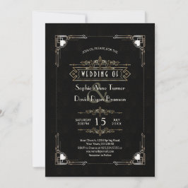 Romantic Gold Black Great Gatsby Art Deco Wedding Kaart