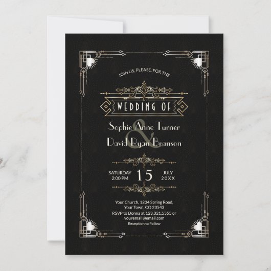 Romantic Gold Black Great Gatsby Art Deco Wedding Kaart (Voorkant)