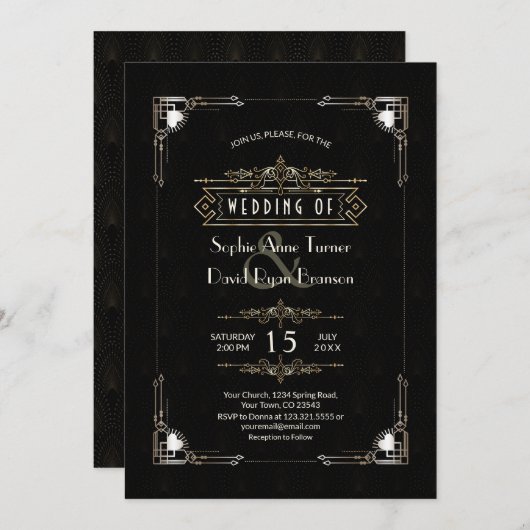 Romantic Gold Black Great Gatsby Art Deco Wedding Kaart (Voorkant / Achterkant)