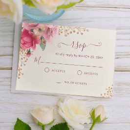 Romantic Gold Blush Pink Floral Wedding RSVP Kaartje
