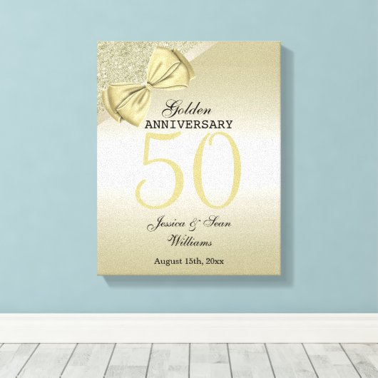 Romantic Gold Bow & Glitter 50th Wedding Canvas Afdruk (Insitu (Houten vloer))