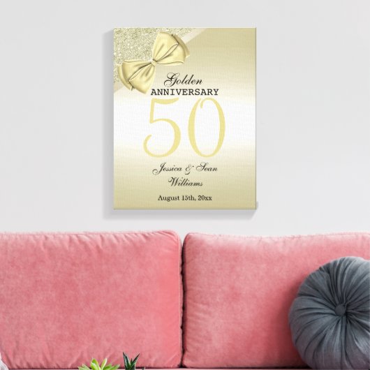 Romantic Gold Bow & Glitter 50th Wedding Canvas Afdruk (Insitu (Woonkamer))