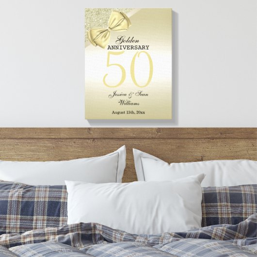 Romantic Gold Bow & Glitter 50th Wedding Canvas Afdruk (Insitu (Slaapkamer))