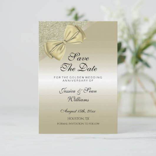 Romantic Gold Bow & Glitter 50th Wedding Save The Date (Staand voorkant)