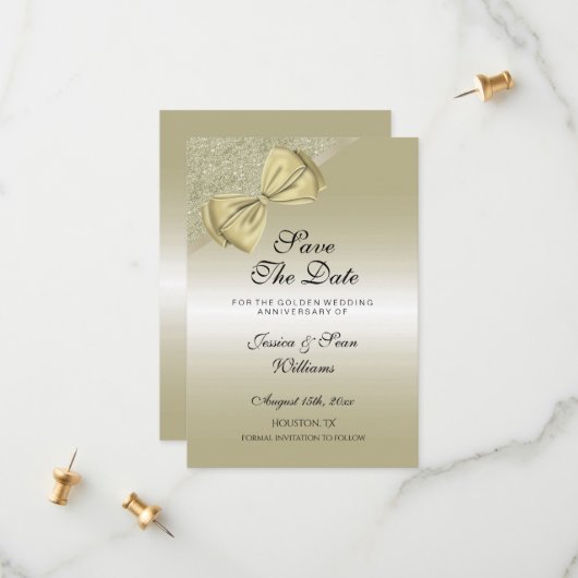 Romantic Gold Bow & Glitter 50th Wedding Save The Date (Voorkant / Achterkant in situ)