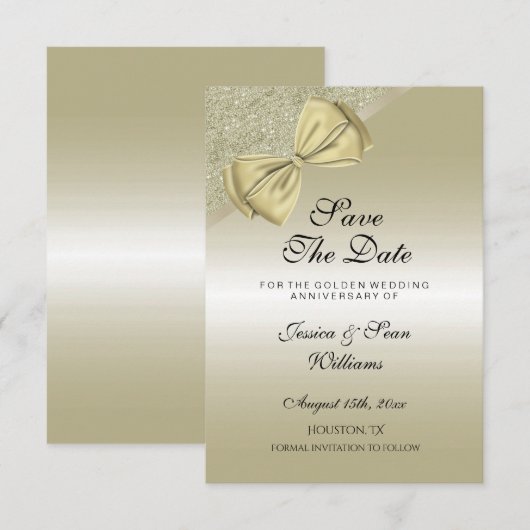 Romantic Gold Bow & Glitter 50th Wedding Save The Date (Voorkant / Achterkant)