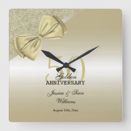 Romantic Gold Bow & Glitter 50th Wedding Vierkante Klok