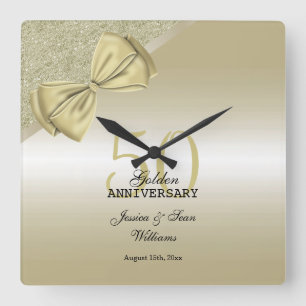 Romantic Gold Bow & Glitter 50th Wedding    Vierkante Klok