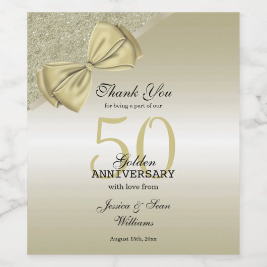 Romantic Gold Bow & Glitter 50th Wedding Wijn Etiket (Enkel label)