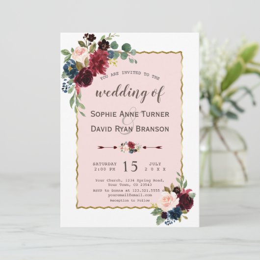 Romantic Gold Burgundy Navy Blue Floral Wedding Kaart (Staand voorkant)