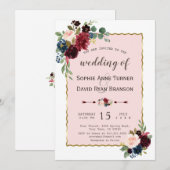 Romantic Gold Burgundy Navy Blue Floral Wedding Kaart (Voorkant / Achterkant)