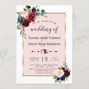 Romantic Gold Burgundy Navy Blue Floral Wedding Kaart