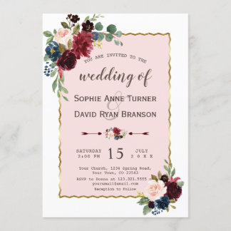 Romantic Gold Burgundy Navy Blue Floral Wedding Kaart