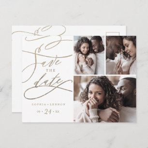 Romantic Gold Calligraphy 3 Photo Save the Date Uitnodiging Briefkaart