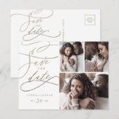 Romantic Gold Calligraphy 3 Photo Save the Date Uitnodiging Briefkaart (Voorkant / Achterkant)