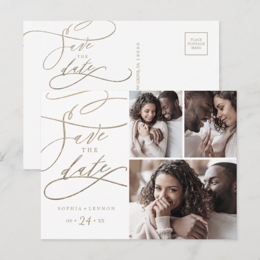 Romantic Gold Calligraphy 3 Photo Save the Date Uitnodiging Briefkaart (Voorkant / Achterkant)