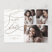 Romantic Gold Calligraphy 3 Photo Save the Date Uitnodiging Briefkaart (Voorkant)