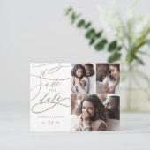 Romantic Gold Calligraphy 3 Photo Save the Date Uitnodiging Briefkaart (Staand voorkant)