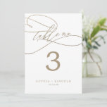 Romantic Gold Calligraphy 5x7" Table Number Kaart<br><div class="desc">Dit romantische goudkalligrafie 5x7" tabelnummer is perfect voor een eenvoudige bruiloft. Het moderne klassieke ontwerp is voorzien van fancy draden en grillen met prachtige elegante handgeschreven faux champagne Gold folie-typografie. De prints op de voor- en achterzijde van de kaart (dubbelzijdig). Voeg elk lijstaantal toe dat u aan uw karretje individueel...</div>