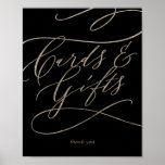 Romantic Gold Calligraphy Black Kaarten & Gifts Si Poster<br><div class="desc">Dit romantische goudkalligrafie zwarte kaarten en cadeaubord is perfect voor een eenvoudige bruiloft of vrijgezellenfeest. Het moderne klassieke ontwerp is voorzien van fancy draden en grillen met prachtige elegante handgeschreven faux champagne Gold folie-typografie. De lijn van tekst bij de bodem van het teken kan met de datum, de namen van...</div>