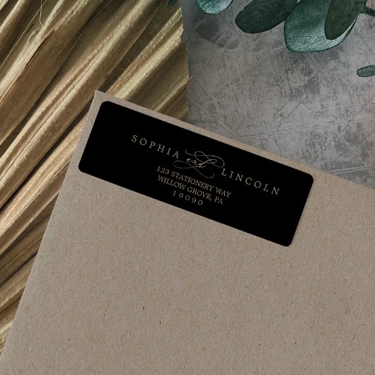 Romantic Gold Calligraphy Black Return Address Etiket