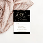 Romantic Gold Calligraphy Black Song RSVP-kaart RSVP Kaartje<br><div class="desc">Deze romantische goudkalligrafie-zwarte zangroep RSVP-kaart is perfect voor een eenvoudige bruiloft. Het moderne klassieke ontwerp is voorzien van fancy draden en grillen met prachtige elegante handgeschreven faux champagne Gold folie-typografie. Bouw je trouwgastenlijst en je dansvloerzang allemaal tegelijk! Deze trouwreactiekaart vraagt gasten gemakkelijk of ze je bruiloft kunnen bijwonen, en ook...</div>