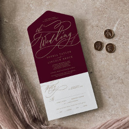 Romantic Gold Calligraphy Burgundy The Wedding of All In One Uitnodiging