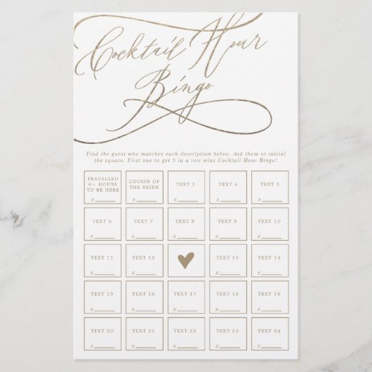 Romantic Gold Calligraphy Cocktail Hour Bingo Game Flyer (Voorkant)