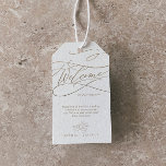 Romantic Gold Calligraphy Flourish Weddenschap Wel Cadeaulabel<br><div class="desc">Deze romantische goudkalligrafie bloeit de labels van de huwelijkswelkomstcadeau perfect voor een eenvoudige bruiloft. Het moderne klassieke ontwerp is voorzien van fancy draden en grillen met prachtige elegante handgeschreven faux champagne Gold folie-typografie. Pas de labels aan met de locatie van uw bruiloft, een korte welkomstnotitie, uw namen en trouwdatum. Deze...</div>