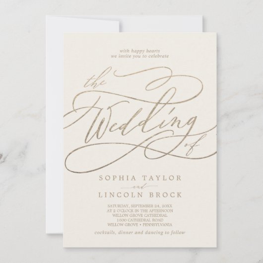 Romantic Gold Calligraphy Ivory all in one Wedding Kaart (Voorkant)