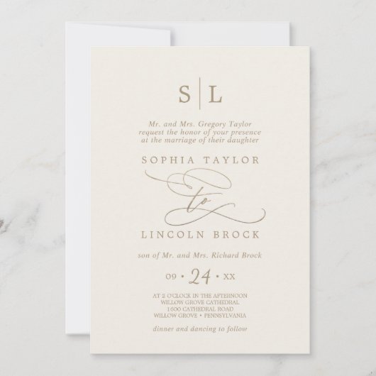 Romantic Gold Calligraphy | Ivory Formal Wedding Kaart (Voorkant)