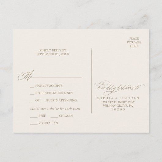 Romantic Gold Calligraphy | Ivory Menu Choice RSVP (Achterkant)