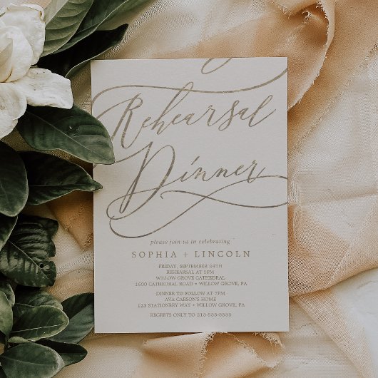 Romantic Gold Calligraphy | Ivory Rehearsal Dinner Kaart