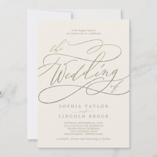 Romantic Gold Calligraphy | Ivory the Wedding of Kaart (Voorkant)