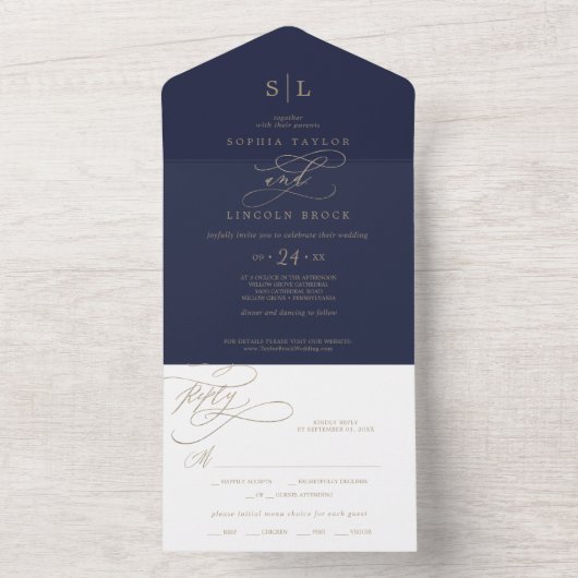 Romantic Gold Calligraphy | marinemonogrambruiloft All In One Uitnodiging (Binnen)
