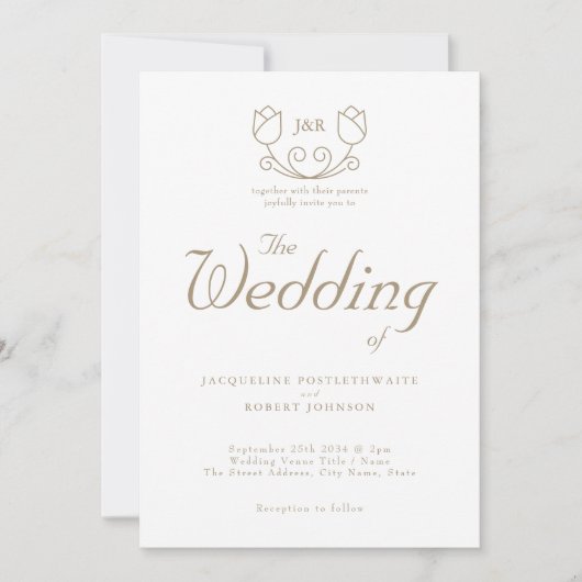 Romantic Gold Calligraphy Monogram Tulip Wedding Kaart (Voorkant)