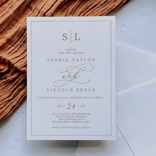 Romantic Gold Calligraphy Monogram Wedding Invitat Kaart