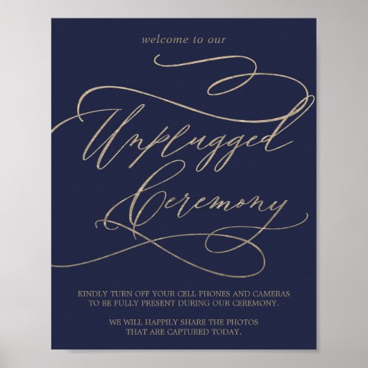 Romantic Gold Calligraphy Navy Unplugged Ceremony Poster (Voorkant)