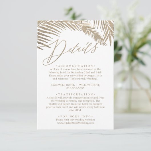 Romantic Gold Calligraphy Palm Leaves Details Informatiekaartje (Staand voorkant)