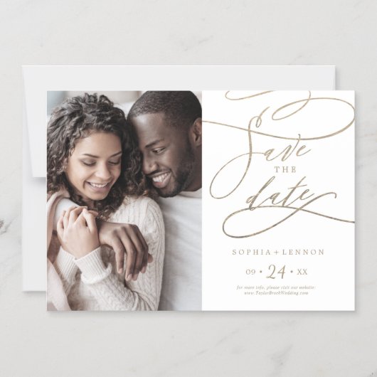 Romantic Gold Calligraphy Photo Save the Date Magnetische Uitnodiging (Voorkant)