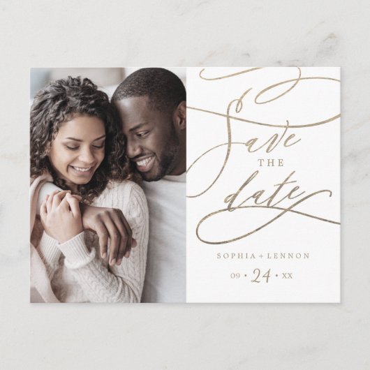 Romantic Gold Calligraphy Photo Save the Date Uitnodiging Briefkaart (Voorkant)
