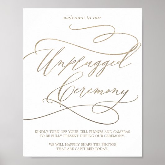 Romantic Gold Calligraphy Unplugged Ceremony Sign Poster (Voorkant)