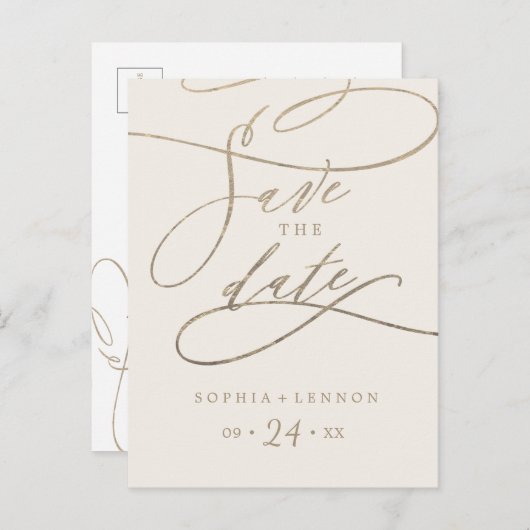 Romantic Gold Calligraphy | Voorbeeld Opslaan datu Uitnodiging Briefkaart (Voorkant / Achterkant)