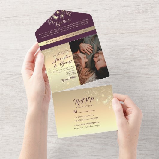 Romantic Gold Calligraphy Wedding All In One Uitnodiging (Afscheurbaar)